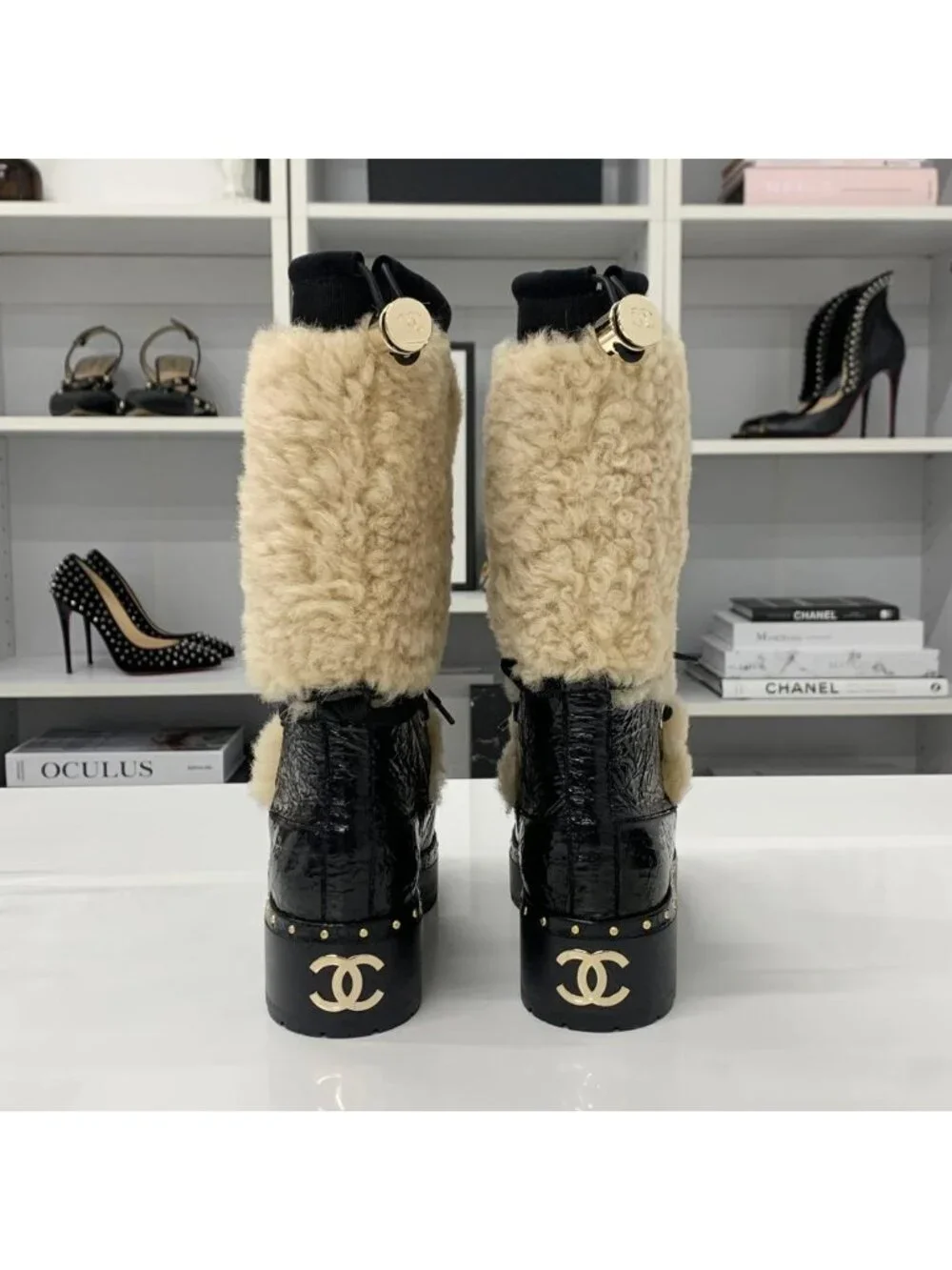 Chanel CC Logo Crinkle Shearling Leather Middle Boots Black